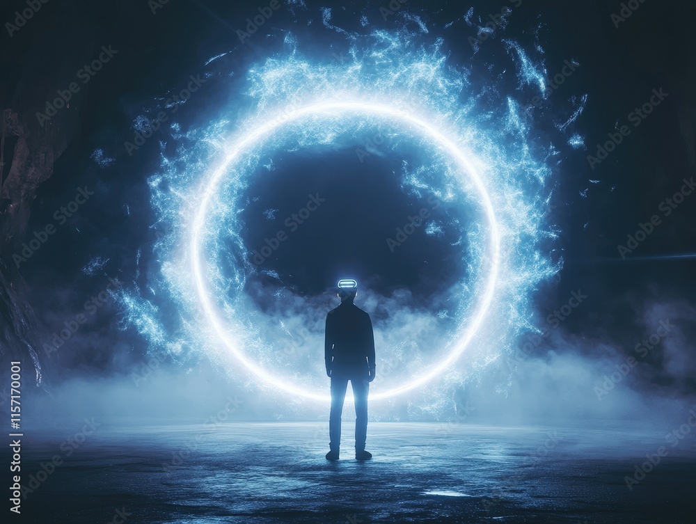 Fototapeta premium Person standing in front of glowing portal with luxury and futuristic atmosphere