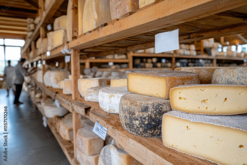 An appealing assortment of various cheeses with rich textures and flavors is beautifully presented on shelves, demonstrating the artistry involved in cheese production. An appealing assortment of various cheeses with rich textures and flavors is beautifully presented on shelves, demonstrating the artistry involved in cheese production.