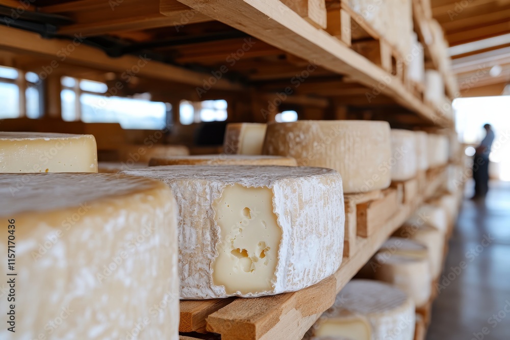 This image captures various unique cheese forms artfully arranged on shelves, inviting viewers to appreciate the diversity and aesthetics of cheese-making artistry. This image captures various unique cheese forms artfully arranged on shelves, inviting viewers to appreciate the diversity and aesthetics of cheese-making artistry.