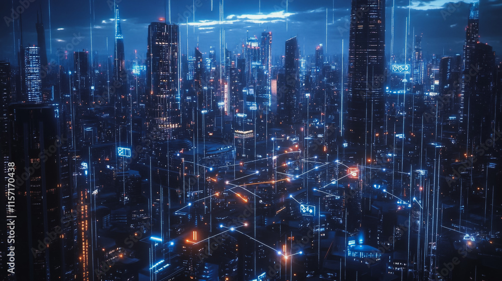 Smart digital Innovation city with connection network reciprocity over the cityscape. of future smart wireless digital city and social media networking systems that connects people with in city Smart digital Innovation city with connection network reciprocity over the cityscape. of future smart wireless digital city and social media networking systems that connects people with in city