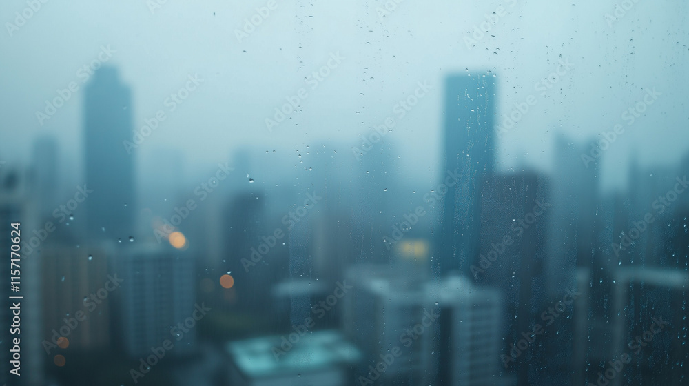 Rainy cityscape with blurred skyscrapers viewed through a window covered in raindrops Rainy cityscape with blurred skyscrapers viewed through a window covered in raindrops