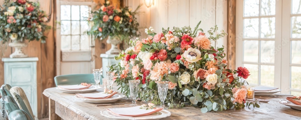 Fototapeta premium Elegant floral centerpiece adorns a rustic dining table in a bright, airy setting.