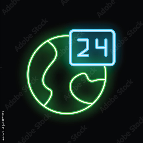 Neon sign of green planet earth with blue twenty four hours sign glowing on black background