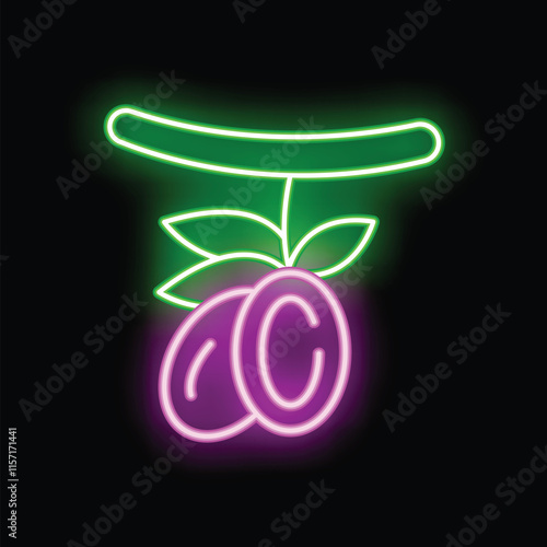 Neon sign featuring two ripe plums hanging from a branch with leaves, glowing brightly against a dark background