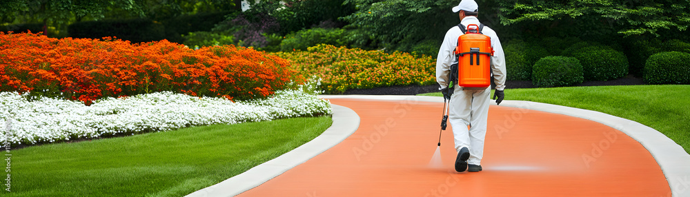Fototapeta premium Landscaping Worker Treats Vibrant Flowers: Applying Pest Control on a Garden Path