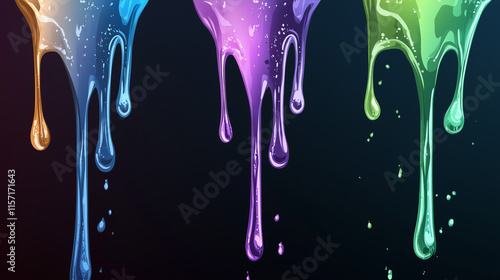 Vibrant dripping neon paint in gradient shades of blue, purple, and green on a dark background