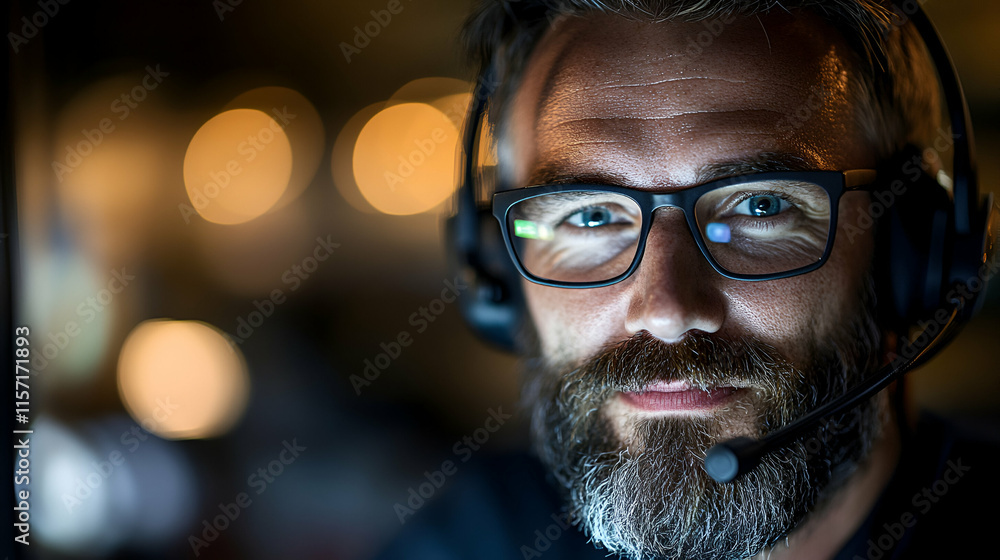 Focused Man with Headset, Working Late Night, Concentrated on Task, Illuminated by Soft Lights. Focused Man with Headset, Working Late Night, Concentrated on Task, Illuminated by Soft Lights.