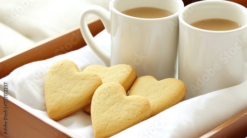 Enjoying heart-shaped cookies and coffee together cozy indoor setting food photography warm atmosphere close-up view