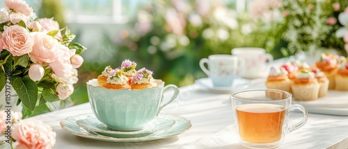 Wallpaper Mural A beautifully arranged table with tea, cupcakes, and fresh flowers in a bright setting. Torontodigital.ca