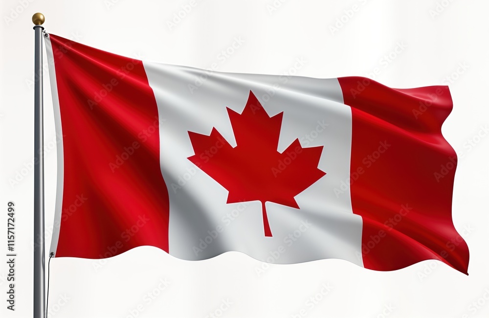 Canadian flag waving proudly on pole against white background. National symbol fluttering in wind. Realistic illustration shows maple leaf design. Great for national events, celebrations, patriotic Canadian flag waving proudly on pole against white background. National symbol fluttering in wind. Realistic illustration shows maple leaf design. Great for national events, celebrations, patriotic