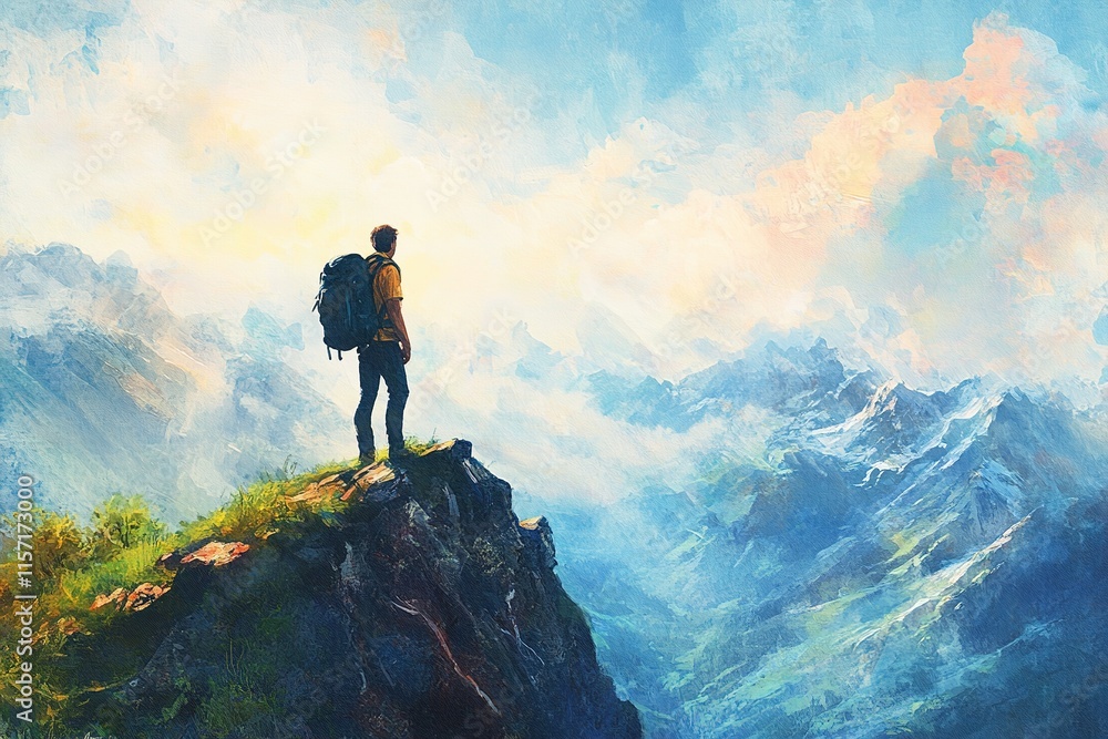 Stunning landscape reveals lone hiker gazing at majestic mountai Stunning landscape reveals lone hiker gazing at majestic mountai