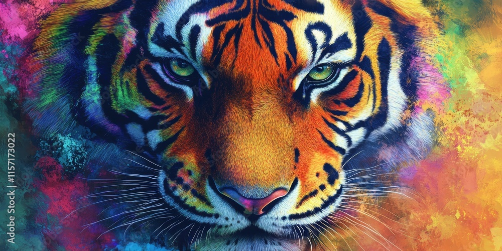 Close up view of a tiger s face featuring vibrant rainbow colors, showcasing the striking details of the tiger in a colorful artistic presentation of the tiger s unique features. Close up view of a tiger s face featuring vibrant rainbow colors, showcasing the striking details of the tiger in a colorful artistic presentation of the tiger s unique features.