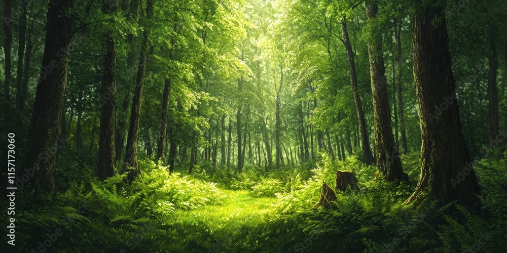 Lush green forest during the vibrant spring season, showcasing the beauty of greenery and the refreshing ambiance found within a green forest filled with life. Lush green forest during the vibrant spring season, showcasing the beauty of greenery and the refreshing ambiance found within a green forest filled with life.