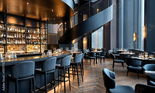 Modern bar and restaurant interior with dark wood floors, a curved bar, and dark furniture.