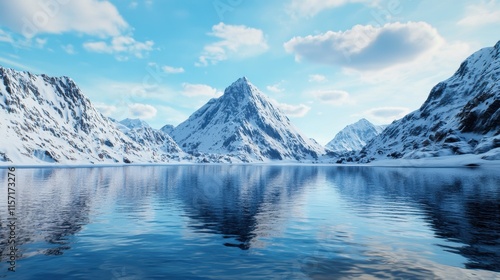 Majestic Snowy Peaks Reflecting in Tranquil Arctic Fjord Landscape in Norway