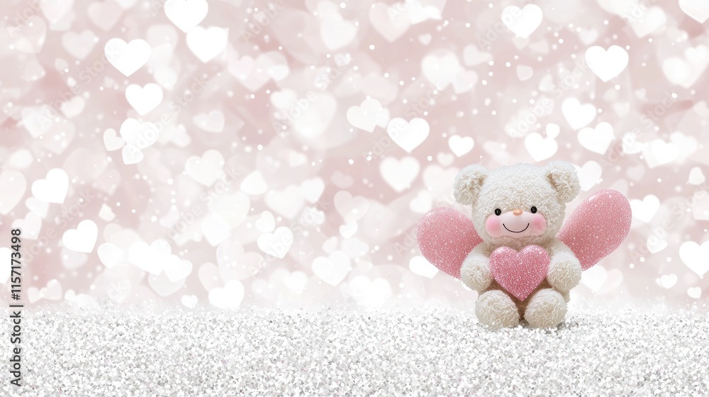 Fototapeta premium Playful teddy bear with heart wings romantic setting cute photo soft environment whimsical viewpoint love concept