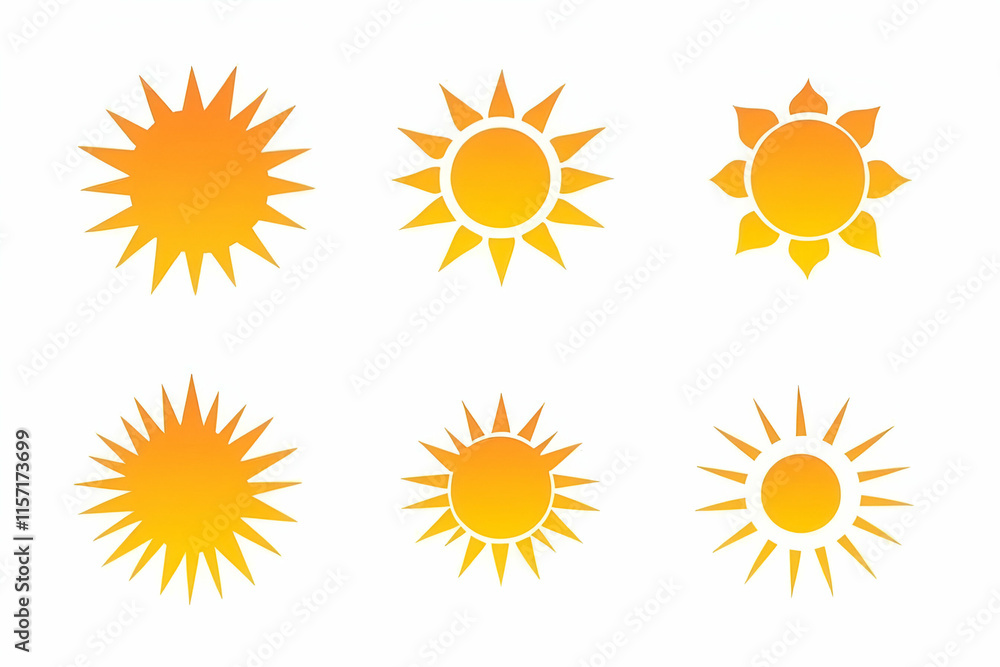 Sunshine Icon Set, Six Sun Designs for Summer, Bright, and Warm Themes. Illustrative solar graphics represent warmth and energy. Sunshine Icon Set, Six Sun Designs for Summer, Bright, and Warm Themes. Illustrative solar graphics represent warmth and energy.