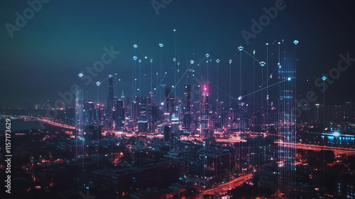 Wallpaper Mural Smart digital Innovation city with connection network reciprocity over the cityscape. of future smart wireless digital city and social media networking systems that connects people with in city Torontodigital.ca