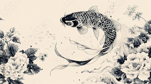 Elegant koi fish swims gracefully amidst delicate floral pattern