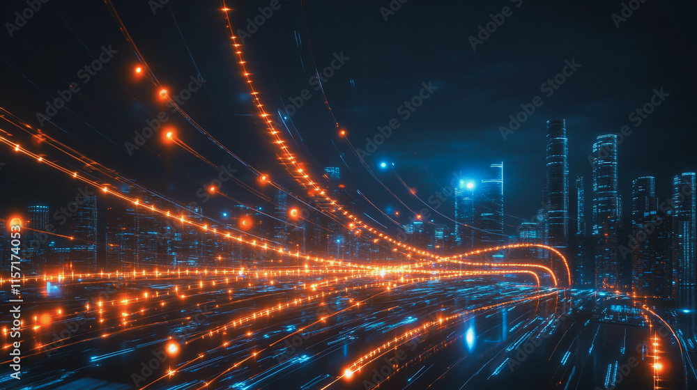 Naklejka premium Smart digital Innovation city with connection network reciprocity over the cityscape. of future smart wireless digital city and social media networking systems that connects people with in city