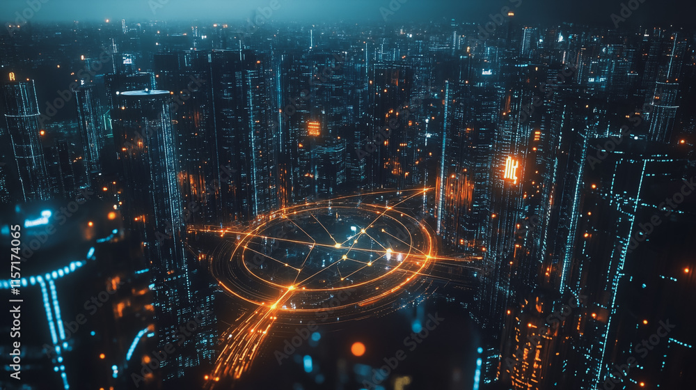 Obraz premium Smart digital Innovation city with connection network reciprocity over the cityscape. of future smart wireless digital city and social media networking systems that connects people with in city