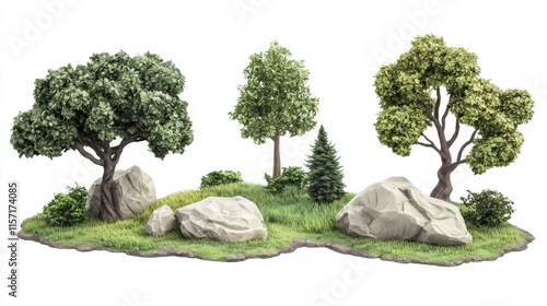 Lush green island with trees, rocks, and grass isolated on white.