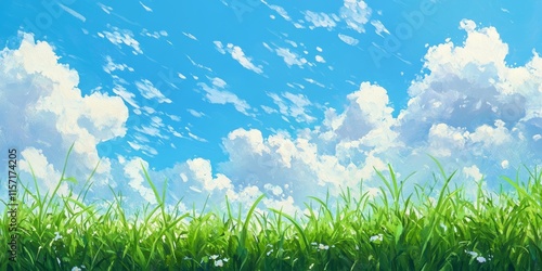 Lush green grass stretches beneath a vibrant blue sky adorned with fluffy clouds, creating a serene scene filled with the beauty of green grass and the tranquility of a clear sky.