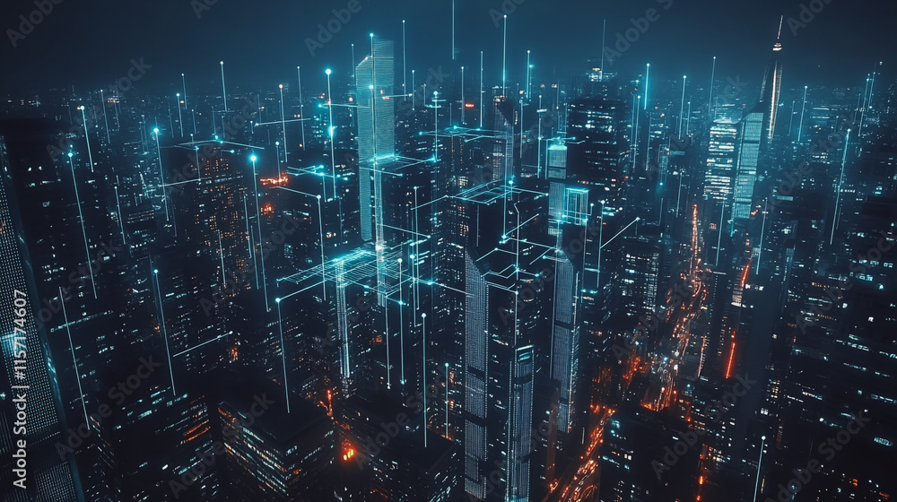 Fototapeta premium Smart digital Innovation city with connection network reciprocity over the cityscape. of future smart wireless digital city and social media networking systems that connects people with in city