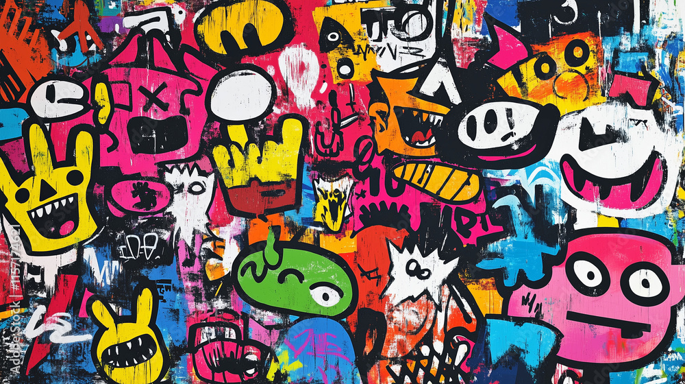 Playful and colorful graffiti mural featuring bold characters and vibrant abstract street art style Playful and colorful graffiti mural featuring bold characters and vibrant abstract street art style
