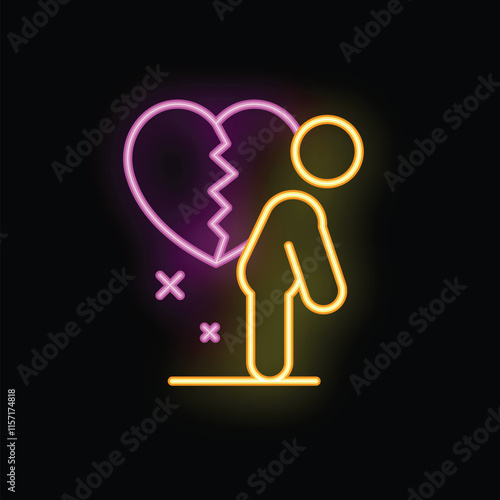 Neon sign depicting a man standing near a broken heart, representing heartbreak and loneliness