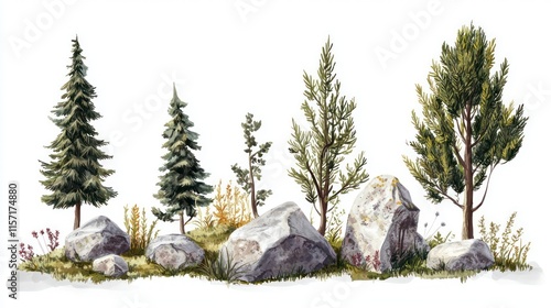Watercolor painting of trees and rocks isolated on white.