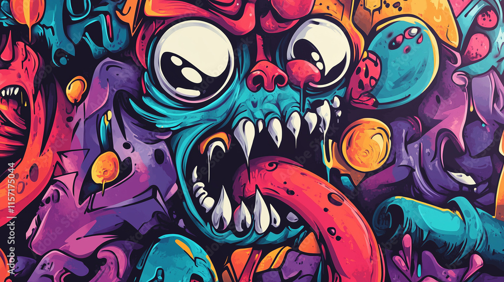 Fototapeta premium Vibrant graffiti artwork of a colorful monster with exaggerated features and abstract elements