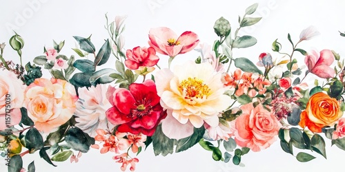 A stunning bouquet of flowers in watercolor style set against a white backdrop, expertly cut out, showcasing beautiful watercolor artistry.