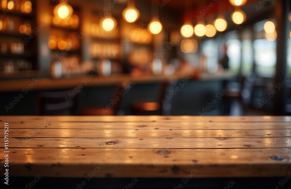 Empty wooden table in pub restaurant. Blurred bar background with warm lights. Ideal for product display. Suitable for drinks, food, objects presentations. Interior design concept. Night ambiance. Empty wooden table in pub restaurant. Blurred bar background with warm lights. Ideal for product display. Suitable for drinks, food, objects presentations. Interior design concept. Night ambiance.