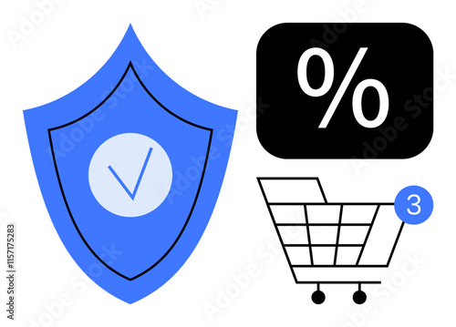 Blue security shield with checkmark, black discount percentage icon, shopping cart with three notification dots. Ideal for e-commerce, online safety, discounts, promotions, shopping alerts, digital