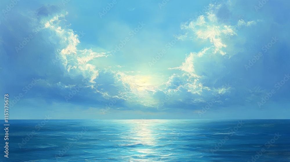 Obraz premium The vast sea stretches endlessly between the sky and earth, melding the horizon where the sea meets the sky, offering a serene view that captivates the soul and inspires endless thoughts of peace.