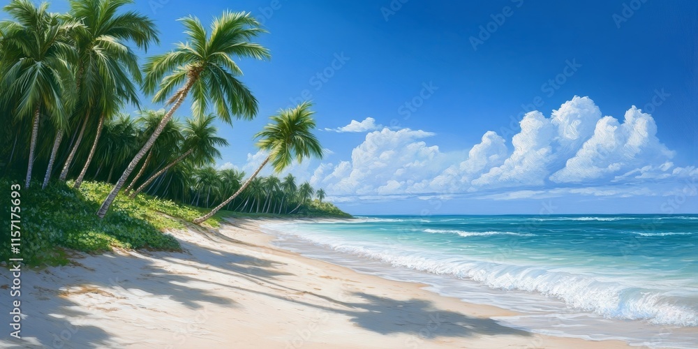 Tropical beach featuring lush palm trees swaying gently in the breeze, creating a serene atmosphere with the vibrant allure of palm trees in this idyllic setting. Tropical beach featuring lush palm trees swaying gently in the breeze, creating a serene atmosphere with the vibrant allure of palm trees in this idyllic setting.