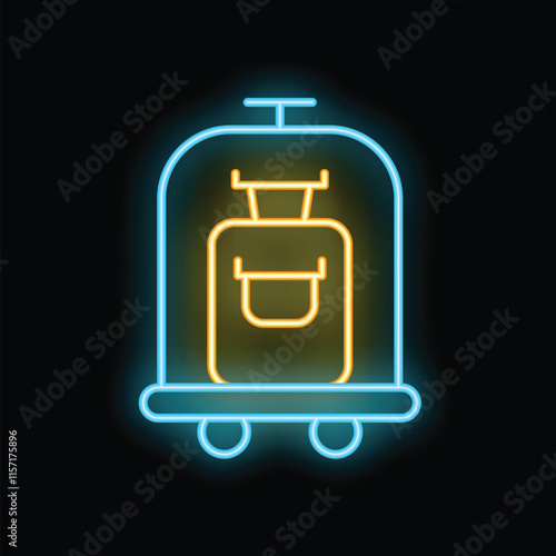 Glowing neon line hotel service bell icon isolated on black background. Luggage cart icon. Black background with neon lights. Vector illustration