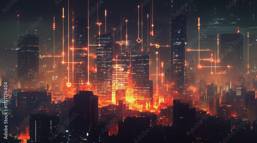 Fototapeta premium Smart digital Innovation city with connection network reciprocity over the cityscape. of future smart wireless digital city and social media networking systems that connects people with in city