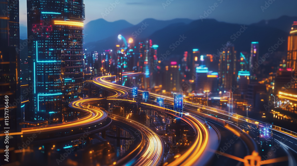 Fototapeta premium Smart digital Innovation city with connection network reciprocity over the cityscape. of future smart wireless digital city and social media networking systems that connects people with in city