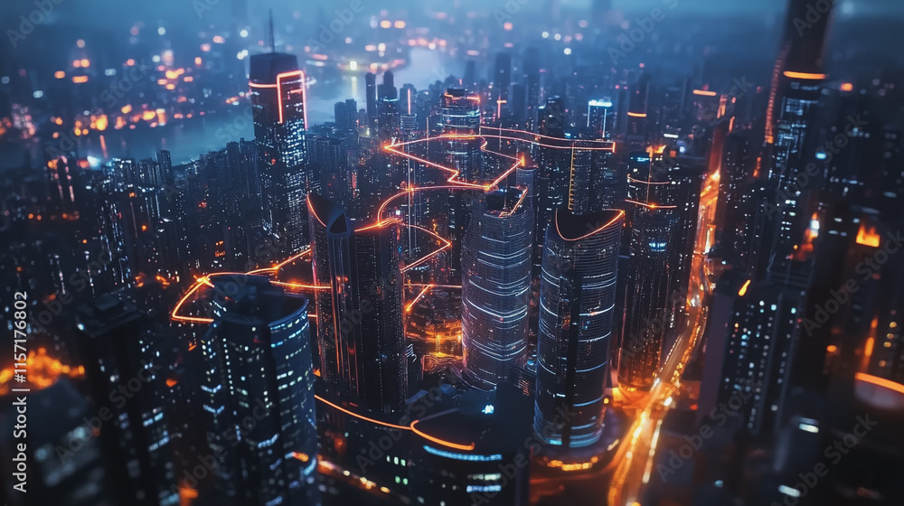 Fototapeta premium Smart digital Innovation city with connection network reciprocity over the cityscape. of future smart wireless digital city and social media networking systems that connects people with in city