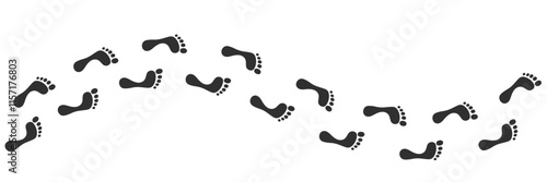 Black human prints footpath. Barefoot silhouettes path. Steps or footprints of walking person. Vector illustration isolated on white background.