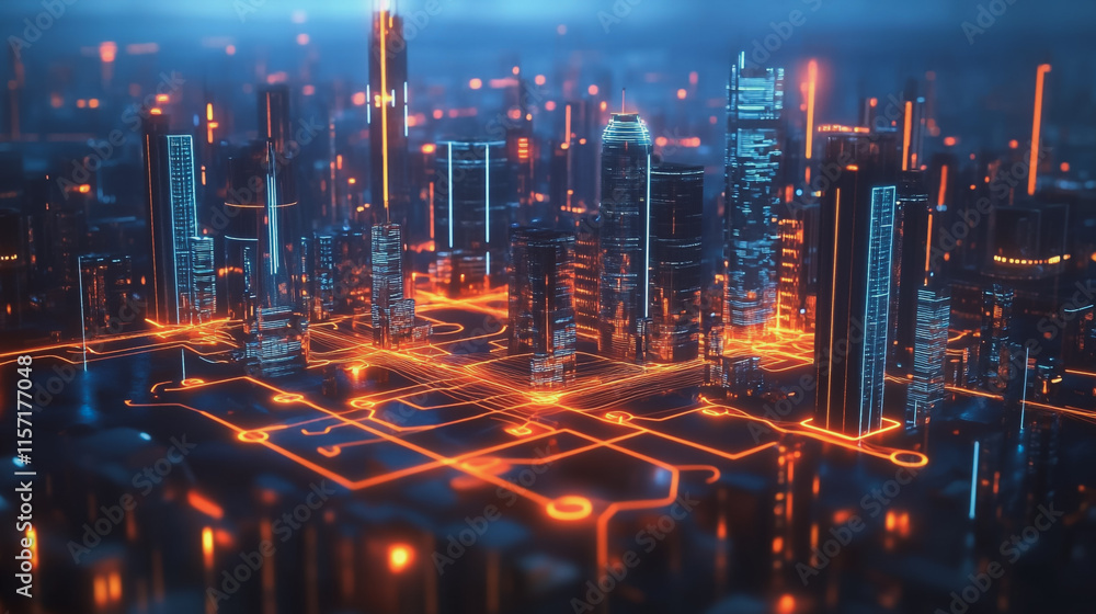Fototapeta premium Smart digital Innovation city with connection network reciprocity over the cityscape. of future smart wireless digital city and social media networking systems that connects people with in city