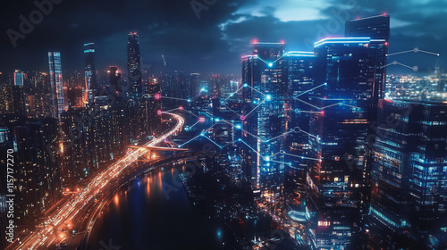 Wallpaper Mural Smart digital Innovation city with connection network reciprocity over the cityscape. of future smart wireless digital city and social media networking systems that connects people with in city Torontodigital.ca