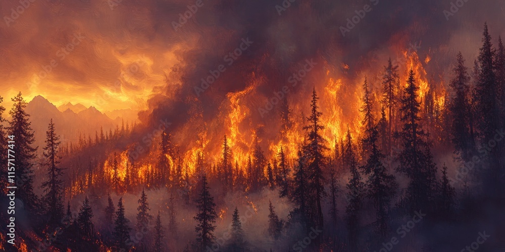 Wildfire at sunset, showcasing a burning pine forest engulfed in smoke and flames, vividly captures the intensity of fire. This striking image of wildfire highlights the dramatic effects of fire on Wildfire at sunset, showcasing a burning pine forest engulfed in smoke and flames, vividly captures the intensity of fire. This striking image of wildfire highlights the dramatic effects of fire on