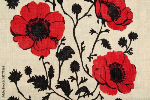 A beautiful vintage linen fabric featuring bold red poppy prints, intertwining classic floral aesthetics with timeless textile decoration techniques.