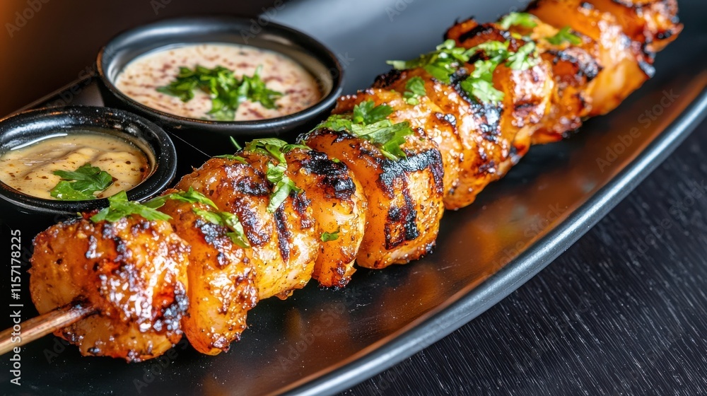 Delicious Grilled Chicken and Vegetable Skewers Served on a Platter with Dipping Sauces Delicious Grilled Chicken and Vegetable Skewers Served on a Platter with Dipping Sauces