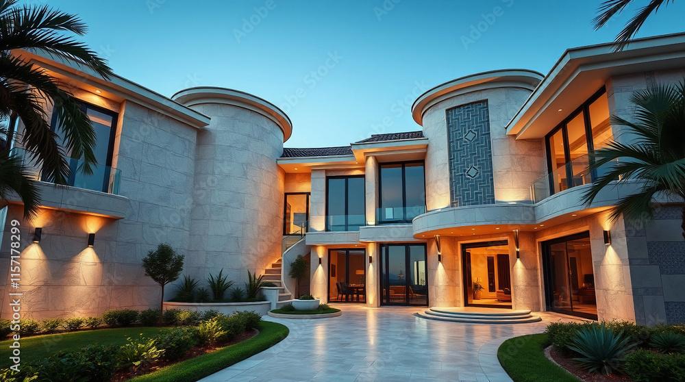 Naklejka premium A large, modern, two-story beige house with circular architectural elements illuminated at dusk. It features extensive window and door openings, a paved driveway, and landscaped grounds.