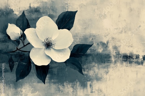 A monochromatic artwork captures a single white flower and accompanying leaves set against a grunge-textured background, infusing simplicity with elegance and mystery. photo