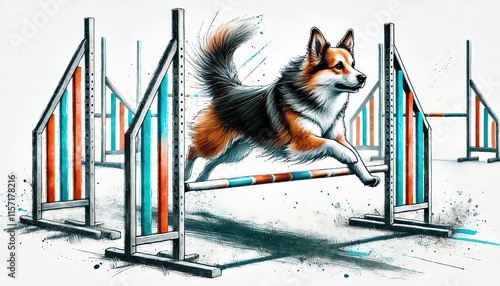 Dog weaving through agility poles, Dog Agility male athlete in watercolour painting in minimalist white background, photo